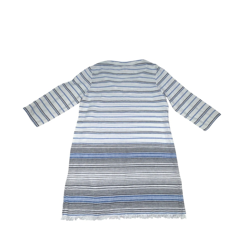 Tommy Bahama Linen Cotton Striped Tunic Dress Fringe Hem Pocket Small Blue White - Picture 3 of 8